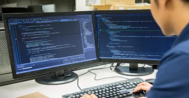 Developer που γράφει κώδικα σε δύο οθόνες