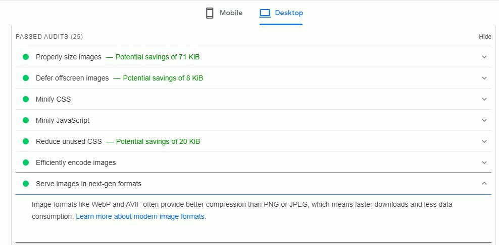 Page speed insights results για WebP images.