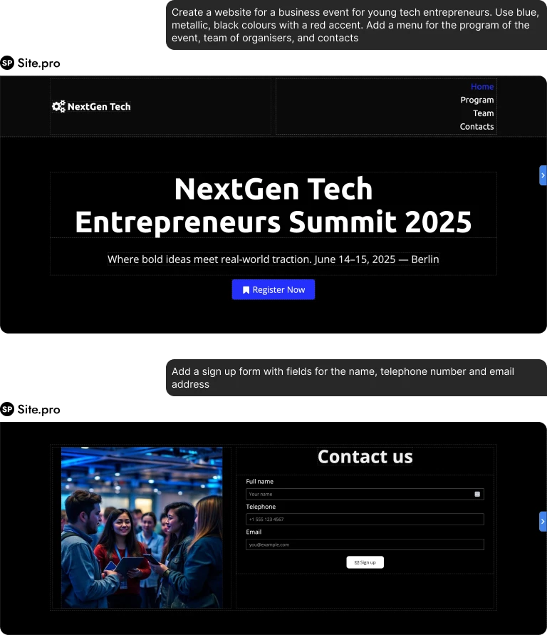 Prompt για δημιουργία site και φόρμας στο Site.Pro